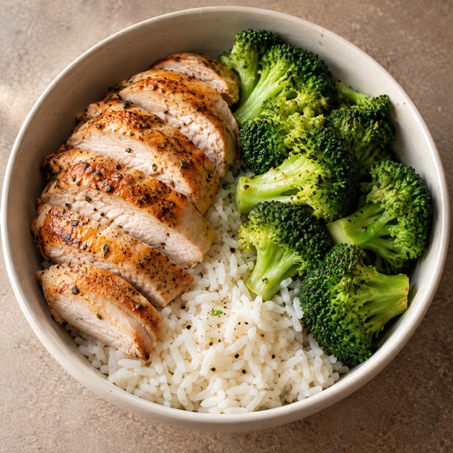 Poulet, riz et brocoli dans un bol