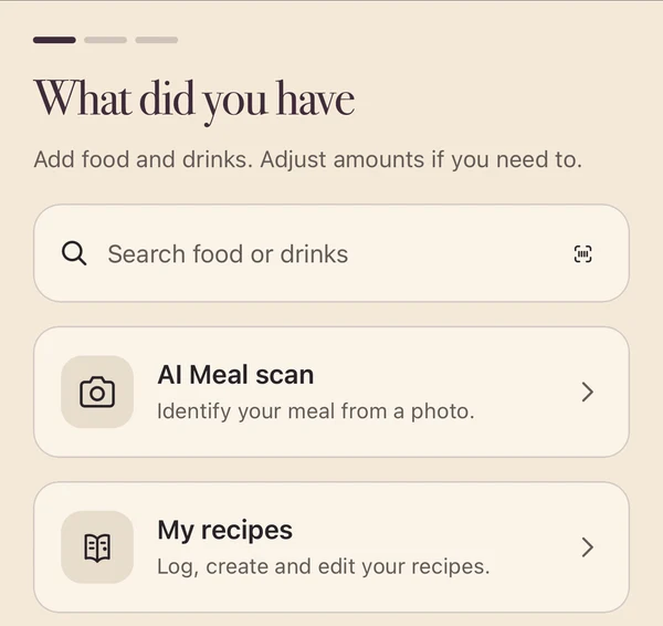 Saisie des repas avec recherche, scan par IA et recettes enregistrées